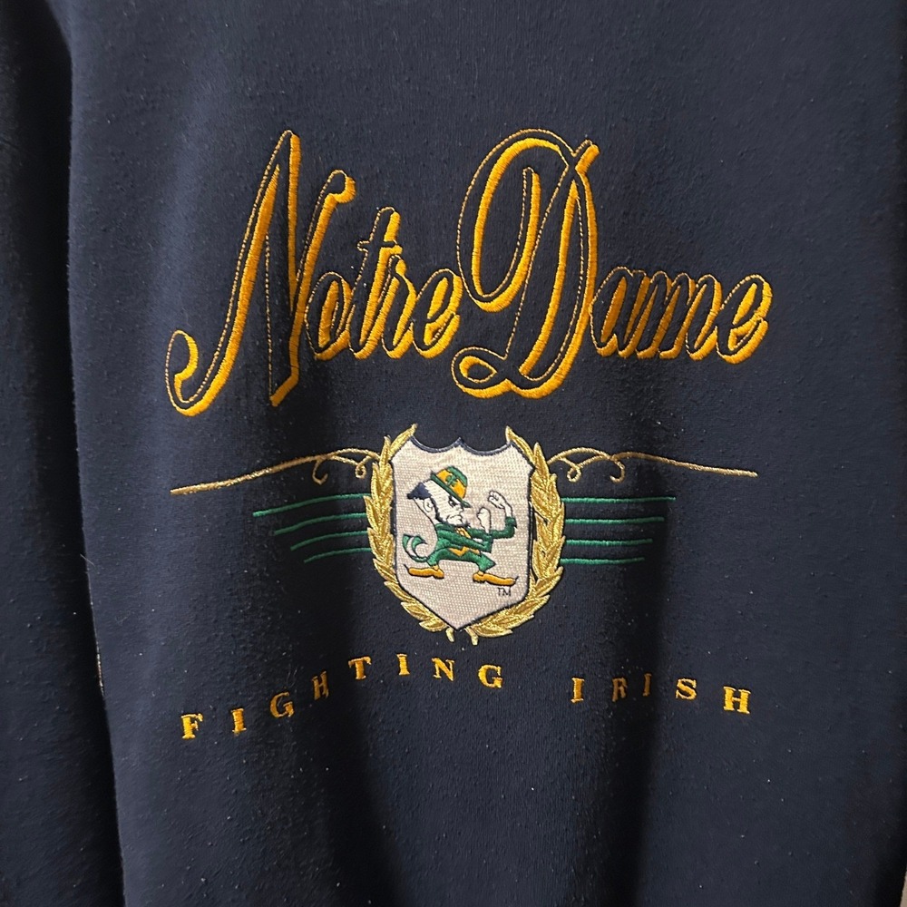 Notre Dame Fighting Irish Vintage 90s Navy Blue Embroidered Sweatshirt XL - Picture 2 of 5